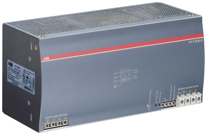 ABB Electrification Switching Power Supply; CP-T 48/20.0; 48VDC OUT; 960W; 340-575VAC / 480-820VDC IN; 3-Phase; DIN Rail Mount